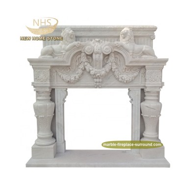 Natural Stone Lion Statue Fireplace Mantel Hand Carving Male Sculpture Marble Modern Fireplace